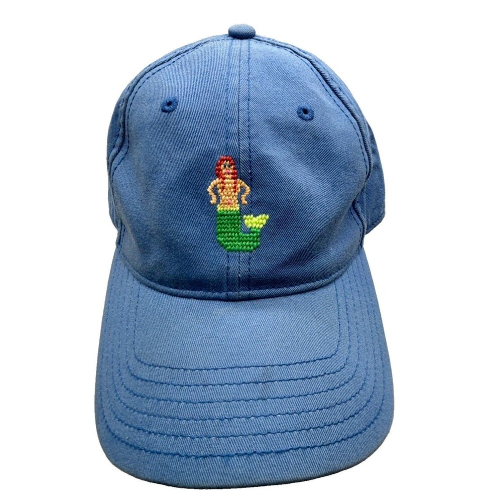 Harding-Lane Mermaid Needlepoint Hat Blue Sailcloth Cotton Strapback Dad Cap